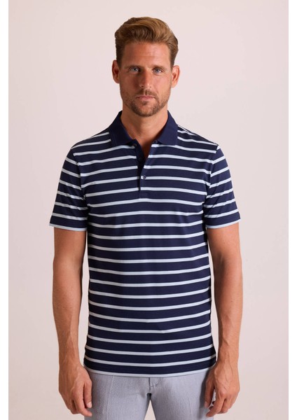 Erkek Lacivert Polo Yaka Çizgili TShirt