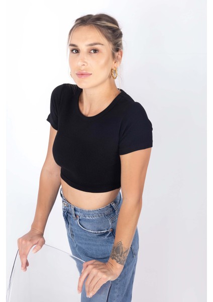 Kadın Fitilli Crop Bluz - Siyah