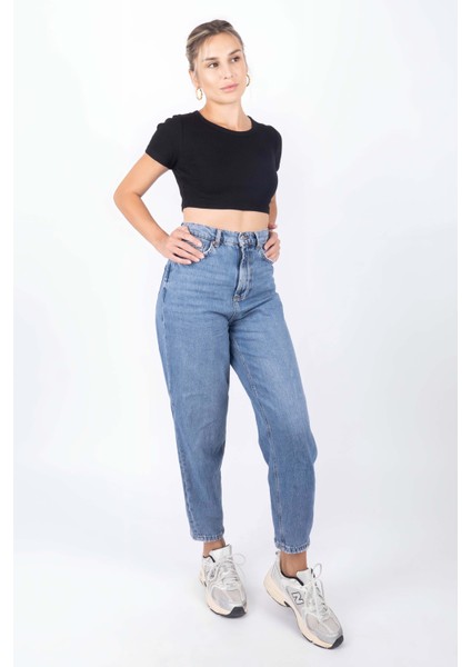 Kadın Fitilli Crop Bluz - Siyah