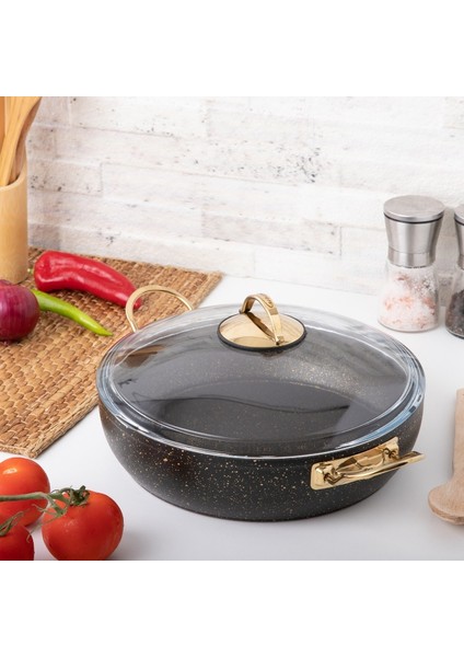 22 cm Gold Stone Güveç Basık Tencere. Non-Stick Pilav Karnıyarık Tenceresi 2 Lt (Gold Çelik Kulp)