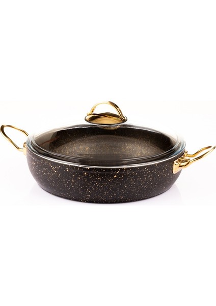 22 cm Gold Stone Güveç Basık Tencere. Non-Stick Pilav Karnıyarık Tenceresi 2 Lt (Gold Çelik Kulp)