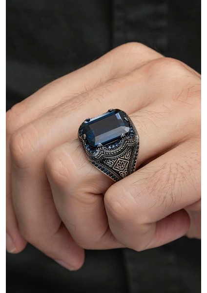 Kare Parlament Mavisi Taşlı 925 Gümüş Erkek Yüzük