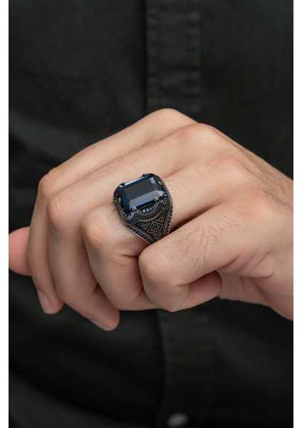 Kare Parlament Mavisi Taşlı 925 Gümüş Erkek Yüzük modelleri