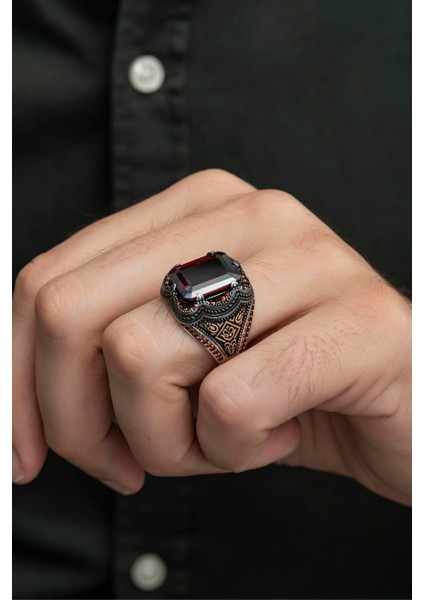 Kare Kırmızı Taşlı 925 Gümüş Erkek Yüzük