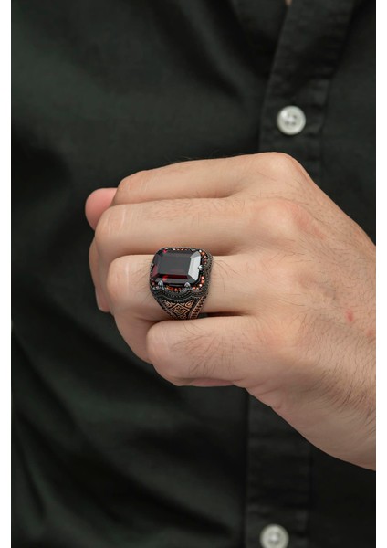 Kare Kırmızı Taşlı 925 Gümüş Erkek Yüzük modelleri