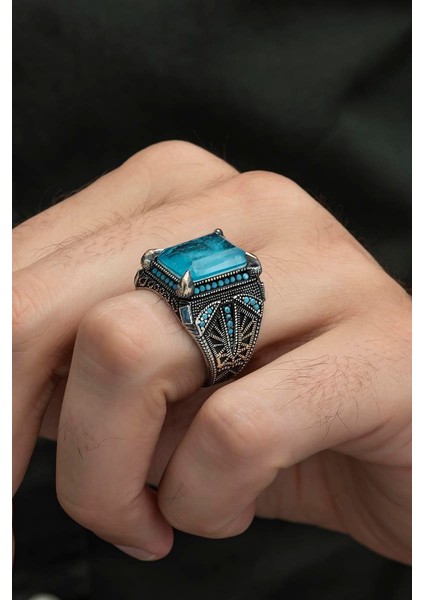 Kare Mavi Paraiba Taşlı 925 Gümüş Erkek Yüzük indirimleri