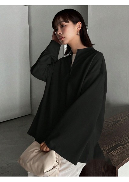 Kadın Siyah Ispanyol Kol Bol Kalıp Fermuarlı Modest Bluz modelleri