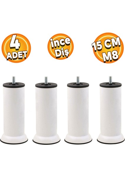 Mobilya Kanepe Baza Koltuk Yükseltme Ayağı Ince Diş M8 Civatalı 15 Cm Beyaz Metal Ayakları 4 Adet