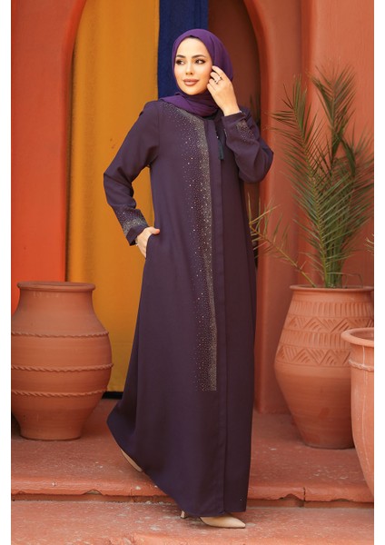 Boncuk Detaylı Mürdüm Tesettür Abaya 26331MU