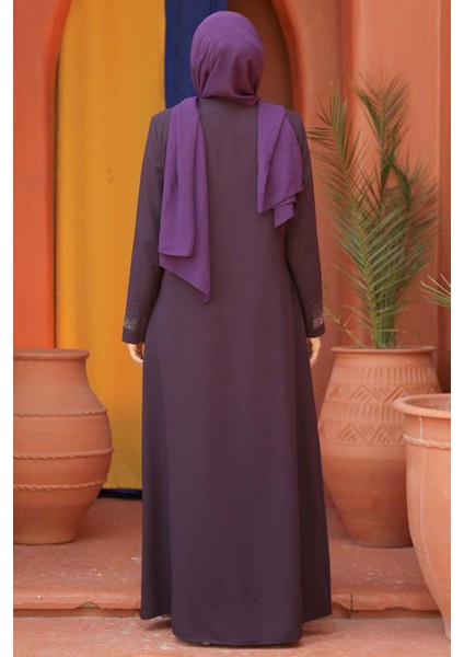 Boncuk Detaylı Mürdüm Tesettür Abaya 26331MU fiyatları