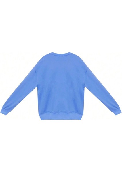 Kadın Indigo Mavi Royal Baskılı Bisiklet Yaka Salaş Uzun Kollu Oversize Sweatshirt fiyatları