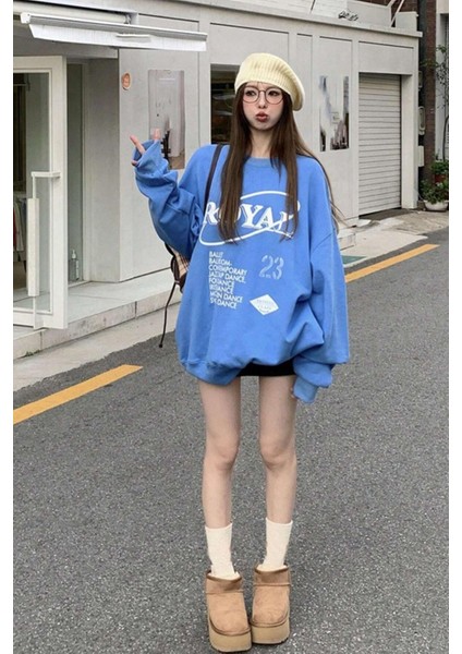 Kadın Indigo Mavi Royal Baskılı Bisiklet Yaka Salaş Uzun Kollu Oversize Sweatshirt fırsatları