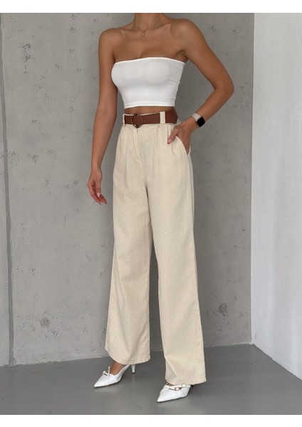 Kadın Ham Keten Palazzo Kadın Pantolon Kemerli Beli Lastikli