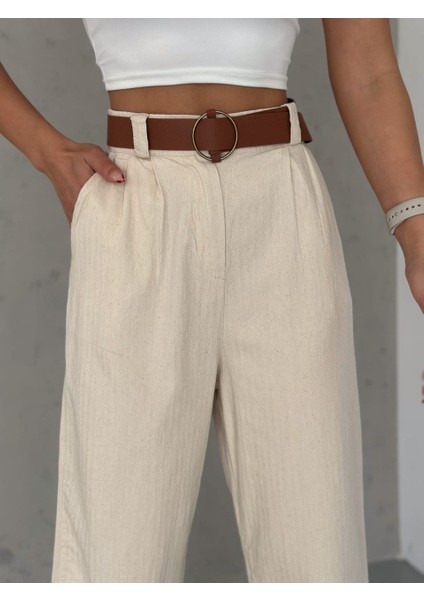 Kadın Ham Keten Palazzo Kadın Pantolon Kemerli Beli Lastikli fiyatları