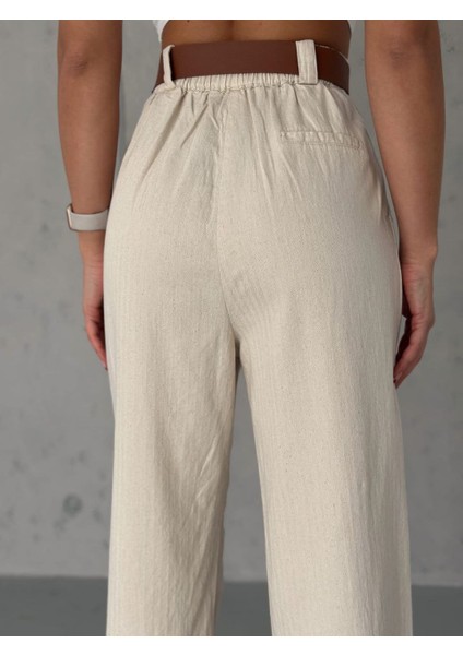 Kadın Ham Keten Palazzo Kadın Pantolon Kemerli Beli Lastikli modelleri