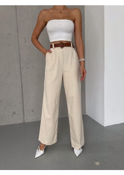 Kadın Ham Keten Palazzo Kadın Pantolon Kemerli Beli Lastikli fırsatları