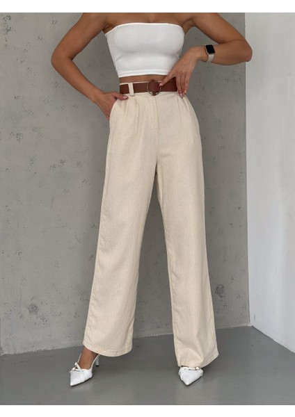 Kadın Ham Keten Palazzo Kadın Pantolon Kemerli Beli Lastikli indirimleri