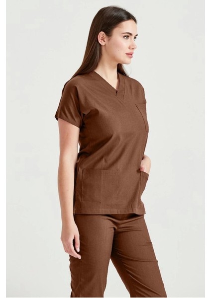 Kahverengi Tek Renkli Likralı Kumaş Cerrahi Takım V Yaka Forma fiyatları