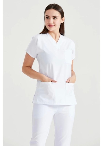 Cerrahi Takım Beyaz Renk Tek Üst Alpaka Kumaş Dr Greys Kesim