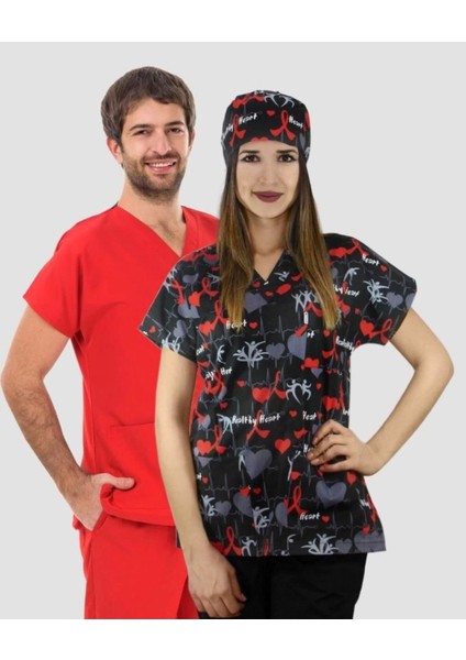 Cerrahi Tek Üst Forma - Rtim Kalp Desenli Likra Kumaş