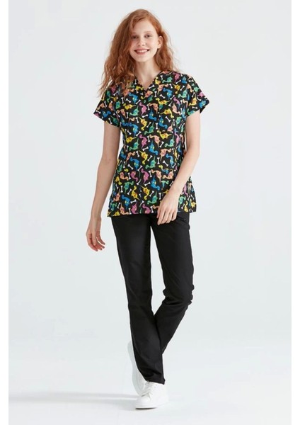 V Yaka Dinazor Desenli Cerrahi Forma Doktor ve Hemşireler İçin 7 Beden Seçenekli