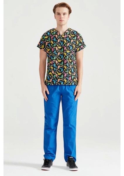 V Yaka Dinazor Desenli Cerrahi Forma Doktor ve Hemşireler İçin 7 Beden Seçenekli modelleri