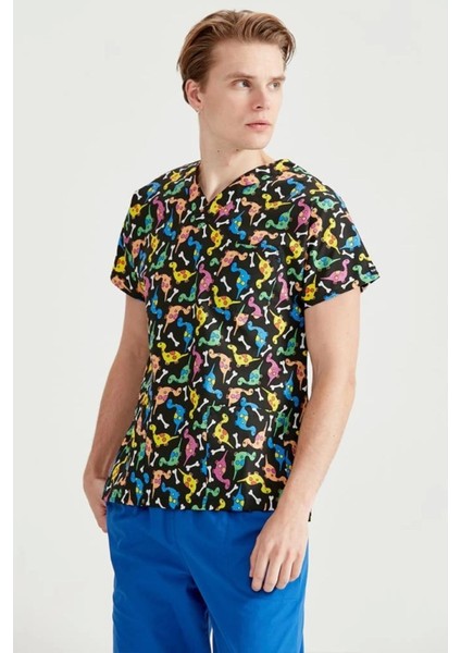 V Yaka Dinazor Desenli Cerrahi Forma Doktor ve Hemşireler İçin 7 Beden Seçenekli indirimleri