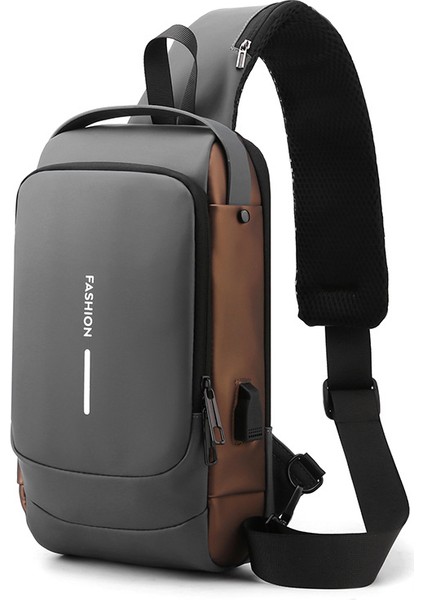 Açık Mavi Altın Yeni Deri Film Erkek Sling Anti-Hırsızlık Su Geçirmez Omuz Çantası Sırt Çantası USB Şarjlı Su Geçirmez Mini Crossbody Göğüs Çantası (Yurt Dışından)