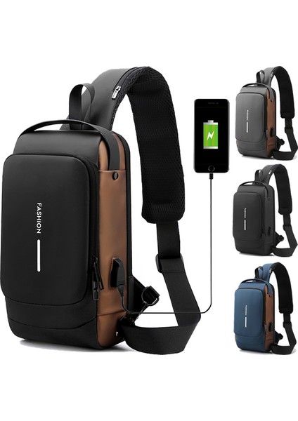 Açık Mavi Altın Yeni Deri Film Erkek Sling Anti-Hırsızlık Su Geçirmez Omuz Çantası Sırt Çantası USB Şarjlı Su Geçirmez Mini Crossbody Göğüs Çantası (Yurt Dışından) modelleri