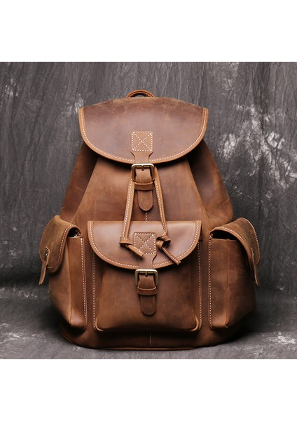 Kahverengi Retro Erkek Sırt Çantası Çılgın At Derisi Ipli Kişiselleştirilmiş Sırt Çantası Açık Seyahat Sırt Çantası Büyük Kapasiteli Bilgisayar Çantası (Yurt Dışından)