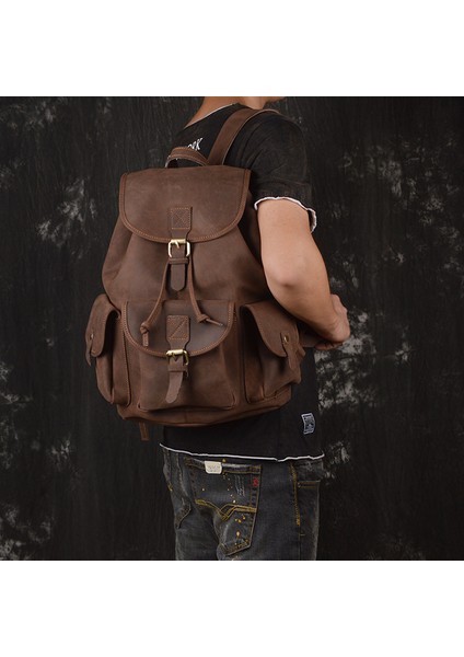 Kahverengi Retro Erkek Sırt Çantası Çılgın At Derisi Ipli Kişiselleştirilmiş Sırt Çantası Açık Seyahat Sırt Çantası Büyük Kapasiteli Bilgisayar Çantası (Yurt Dışından) fiyatları