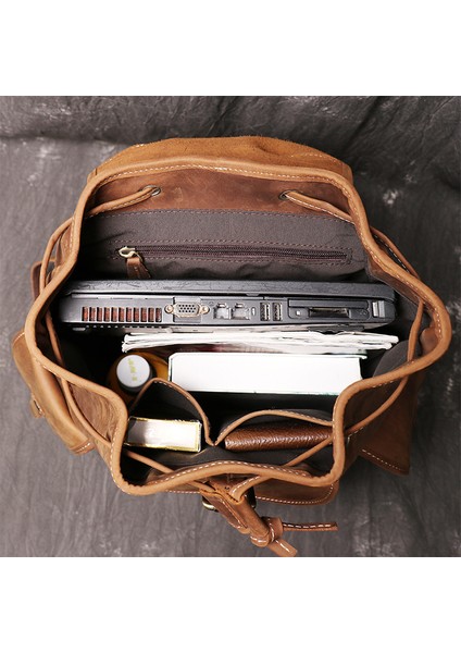 Kahverengi Retro Erkek Sırt Çantası Çılgın At Derisi Ipli Kişiselleştirilmiş Sırt Çantası Açık Seyahat Sırt Çantası Büyük Kapasiteli Bilgisayar Çantası (Yurt Dışından) modelleri