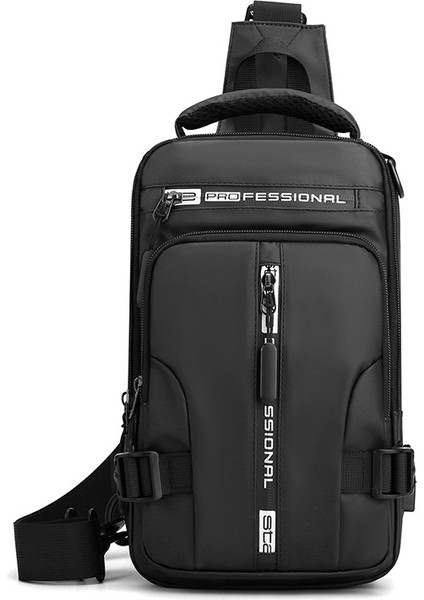 Siyah Erkek Naylon Crossbody Çanta USB Şarj Portu ile Çok Fonksiyonlu Açık Seyahat Su Geçirmez Sırt Çantası Erkek Rahat Messenger Göğüs Çanta (Yurt Dışından)
