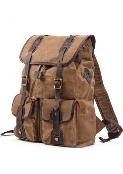 Haki Retro Rahat Büyük Kapasiteli Seyahat Sırt Çantası Kanvas Dikiş Çılgın At Inek Derisi Dağcılık Çantası Kamp Sırt Çantası Açık Bac (Yurt Dışından)