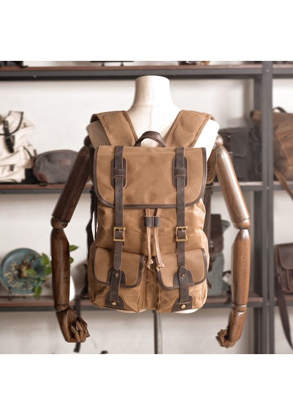 Haki Retro Rahat Büyük Kapasiteli Seyahat Sırt Çantası Kanvas Dikiş Çılgın At Inek Derisi Dağcılık Çantası Kamp Sırt Çantası Açık Bac (Yurt Dışından) fırsatları