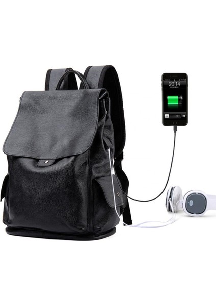 Siyah Yeni Ürün Siyah Birinci Katman Sığır Derisi Erkek USB Bağlantı Noktalı Iş Seyahat Sırt Çantası (Yurt Dışından)