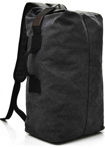 Siyah Büyük Kapasiteli Dikey Erkek Açık Spor Seyahat Kanvas Çanta Retro Dayanıklı Kamp Yürüyüş Spor Sırt Çantası Kova Çanta (Yurt Dışından)