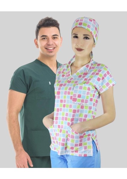 Cerrahi Tek Üst Forma - Kare Desenli