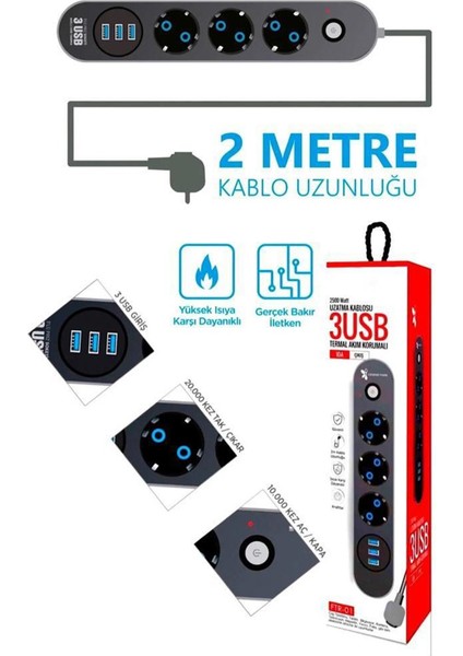 The Wlue Çoklu 3'lü Priz Akım Korumalı 3xusb 10A 2500 Watt 2 Metre Uzatma Kablosu Anahtarlı Çocuk Korumalı