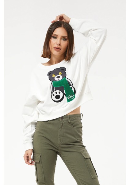 Sıfır Yaka Figürlü Kadın Kısa Sweatshirt Ekru ZN5041