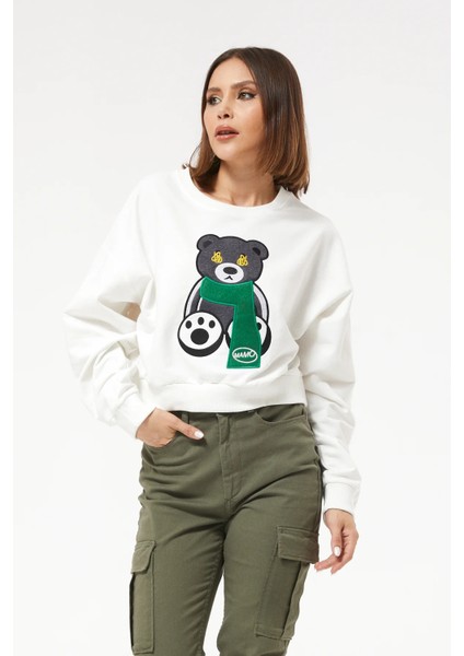 Sıfır Yaka Figürlü Kadın Kısa Sweatshirt Ekru ZN5041