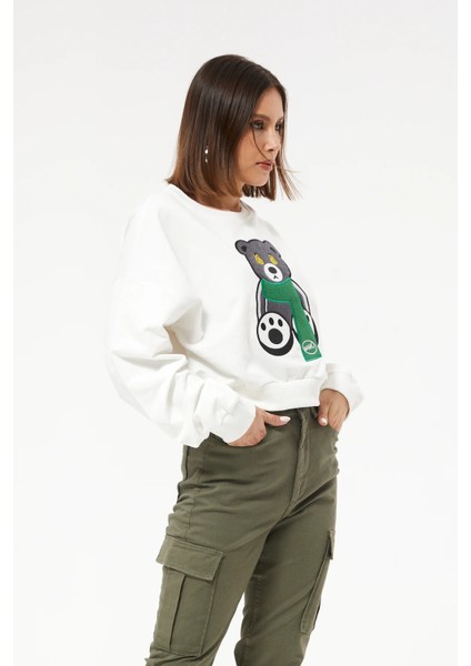 Sıfır Yaka Figürlü Kadın Kısa Sweatshirt Ekru ZN5041