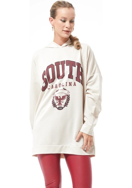 Kapüşonlu Oversize Kadın Sweatshirt Bej ZN5029