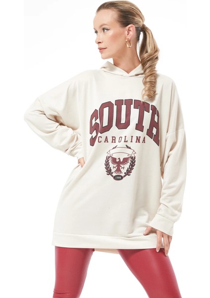 Kapüşonlu Oversize Kadın Sweatshirt Bej ZN5029