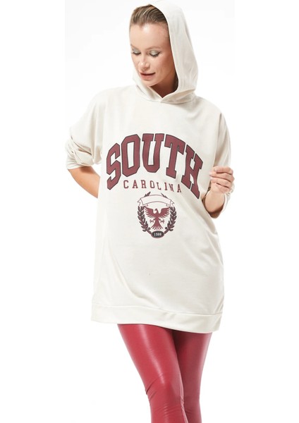 Kapüşonlu Oversize Kadın Sweatshirt Bej ZN5029