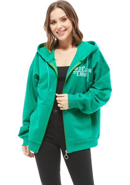 Kanguru Cep Fermuarlı Kadın Sweatshirt Yeşil ZN5025