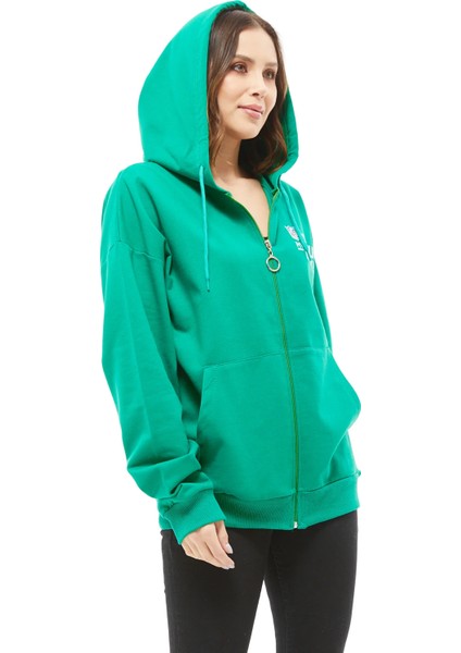 Kanguru Cep Fermuarlı Kadın Sweatshirt Yeşil ZN5025