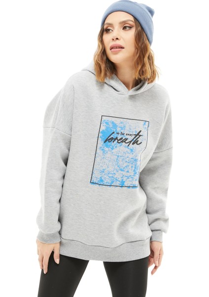 Kapüşonlu Baskılı Üç Iplik Kadın Sweatshirt Gri ZN5026