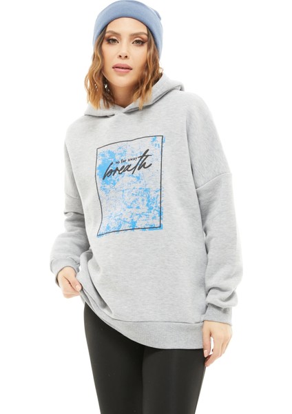 Kapüşonlu Baskılı Üç Iplik Kadın Sweatshirt Gri ZN5026 modelleri