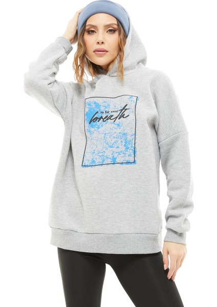 Kapüşonlu Baskılı Üç Iplik Kadın Sweatshirt Gri ZN5026 fırsatları